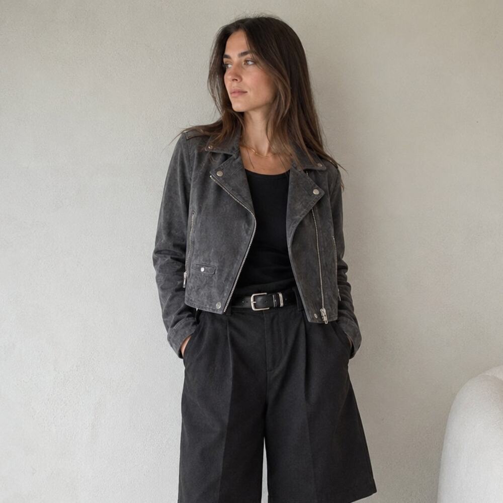 SL8 Blank NYC Gray Suede Leather Moto Biker Zip Cropped Jacket, size XS